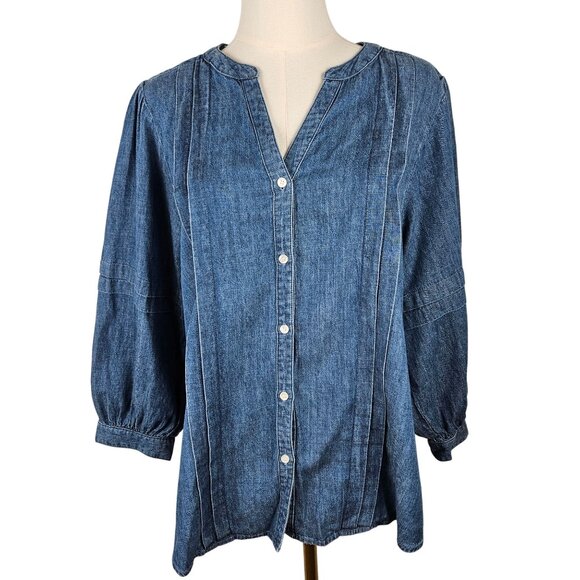 J. McLaughlin Top Size Large Laramie Chambray Denim Balloon Sleeve Blouse Boho - Picture 2 of 12